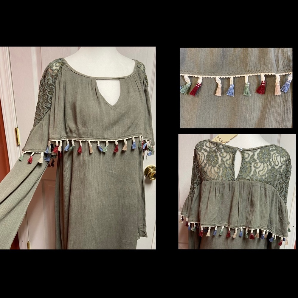 womans M Jodifl olive dress with Sheer lace/tassel details. NWT
